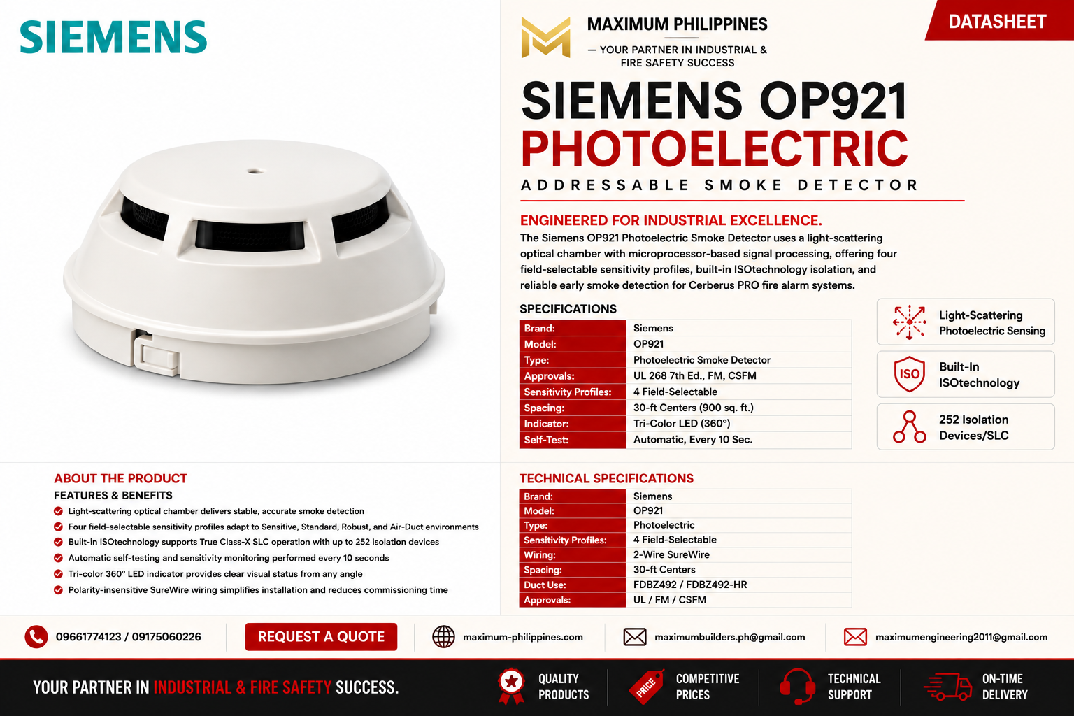 Siemens OP921 Photoelectric Smoke Detector Brochure