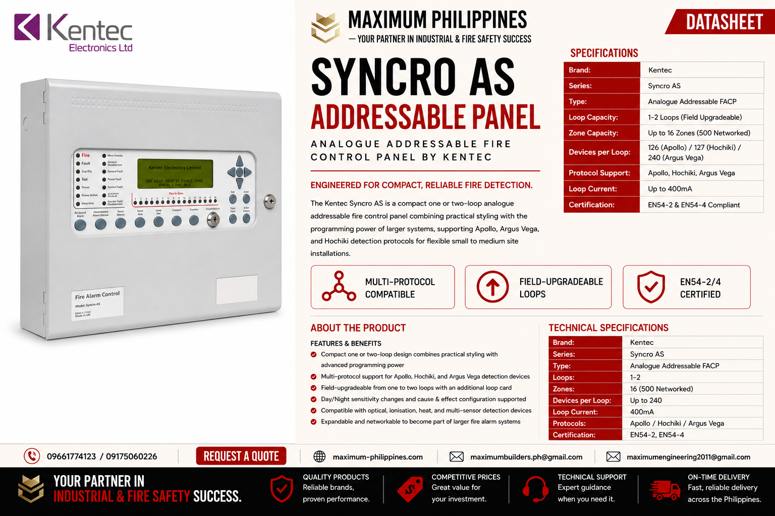 Kentec Syncro AS Analogue Addressable Fire Control Panel Brochure