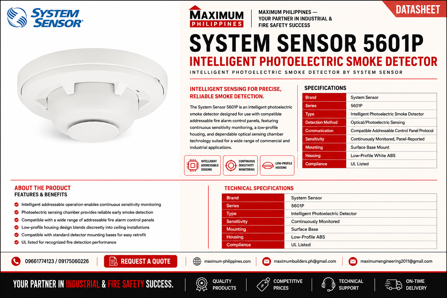 System Sensor 5601p Intelligent Photoelectric Smoke Detector Brochure